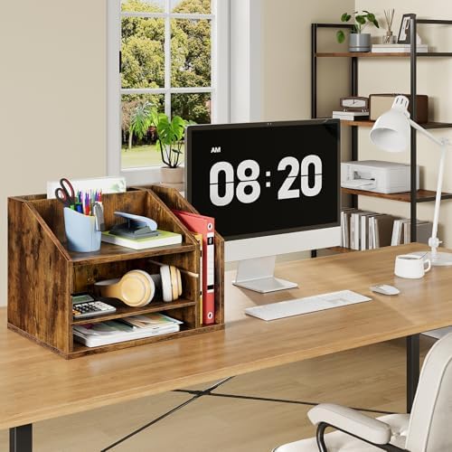 CHOEZON Wooden Desk Organizer with Adjustable Partitions, Rustic Brown - Image 3