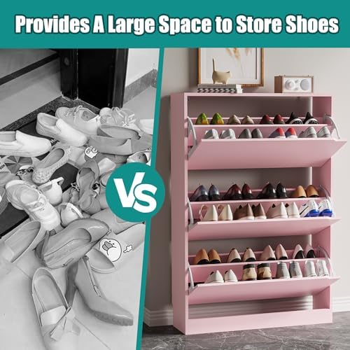Xixini Shoe Storage Cabinet for Entryway with 3 Flip Drawers, Sturdy Wood Hidden Shoe Storage, Freestanding Narrow Slim Shoe Organizer for Front Door Entrance, Living Room, Hallway, Bedroom, Pink - Image 5