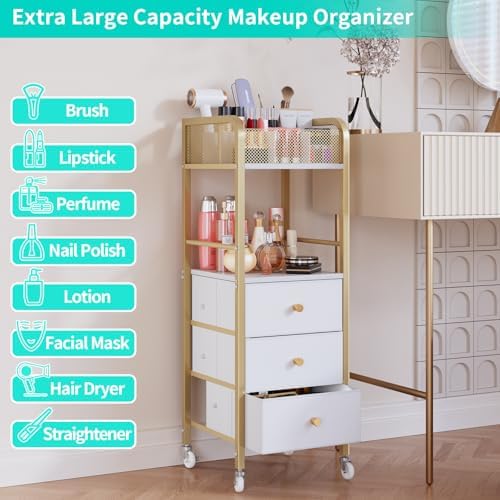 HapiRm Rolling Makeup Cart Organizer - Floor Skincare Make Up Storage with 3 Non-Woven Fabric Drawers, Vanity Organizer Cosmetic Display Cases Holder for Skin Care Perfume Nail Polish Brush Hair Tool - Image 5