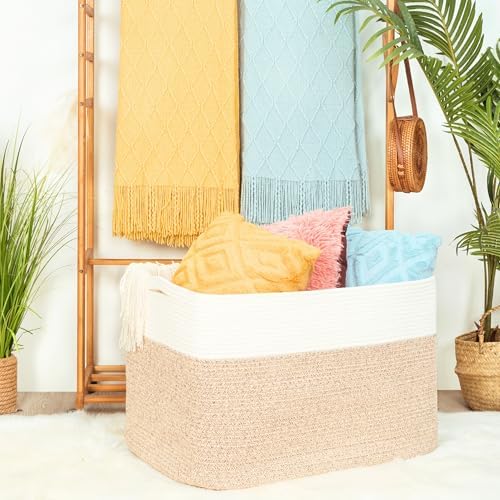 MINTWOOD Design 112L Extra Large Blanket Basket Holder Living Room, 25"x17"x16" Rectangle Rope Woven Storage Basket with Handles for Laundry, Pool Towels, Shoes, Dog Toy Organizer Bin Box, Light Brown - Image 2