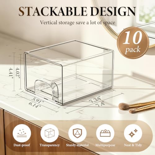 10 Pack Clear Stackable Storage Drawers Bathroom Makeup Organizer Bins - Image 2
