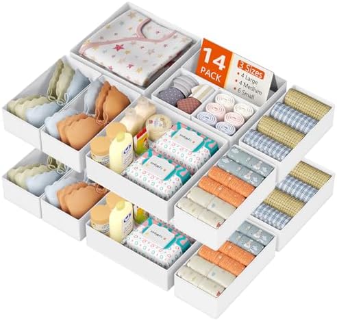 DIMJ Drawer Organizer Clothes, 14 Pack Dresser Organizer, Foldable Closet Organizers and Storage, Fabric Dresser Bins, Drawer Dividers for Nursery, Baby Clothes, Underwears, Sock (White) by DiMJ