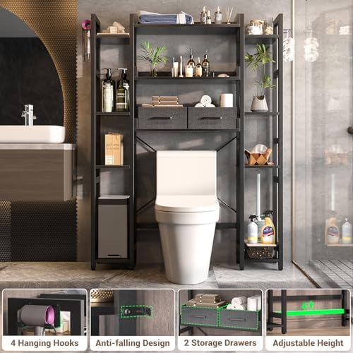 Besiost Over The Toilet Storage, 11 Tier Bathroom Organizer with Dual Side Racks and 2 Fabric Drawers, Adjustable Freestanding Rack Space Saver for Small Spaces, Black - Image 5