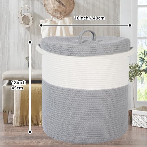 Large Storage Basket with Lid 60L, 16"Wx18"H Woven Laundry Hamper Basket with Handle, Room Decor Cotton Rope Wicker Basket Toy Organizer Bins for Clothes Blankets Pillows, Gray/White Mix includes Lid - Image 2