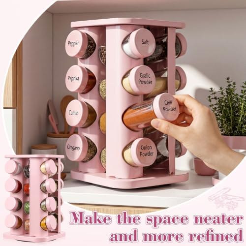 Yungyan Pink Square Rotating Spice Rack with 16 Empty Jars and Labels - Image 6