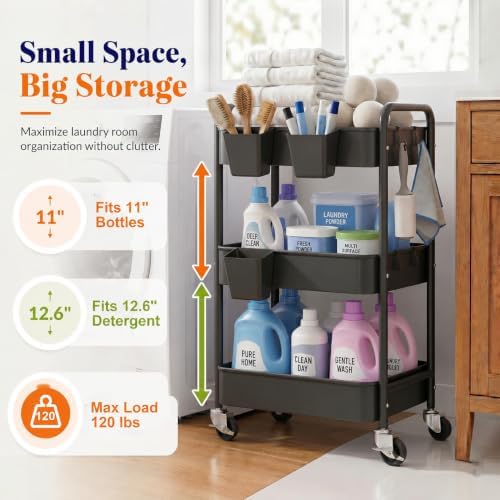 3 Tier Heavy Duty Metal Rolling Storage Cart Organizer with Wheels, Black - Image 4