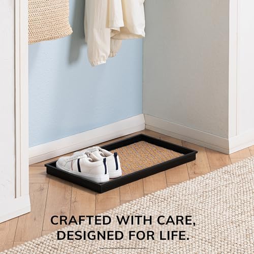 Anji Mountain Heavy Duty Waterproof Rubber Shoe Storage Mat Organizer/Boot Storage Multi Use for Entryway with Coir, Tan and Blue Insert, Fits 2 Pair (24.5" Wide) - Image 5