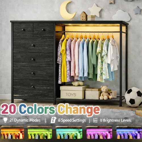 Simple Deluxe Storage Clothes Rack with 6 Drawers, Charging Station & LED Lights, Fabric Chest Shelves Clothing Rack, Wooden Portable Wardrobe Closet, 49.2" W x 15.7" D x 47.2" H, Black - Image 4