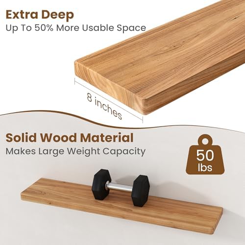 Floating Shelves for Wall, 36"Wx8"D Rustic Solid Elm Wood Floating Shelves Wall Mounted, Round Edge Wall Shelves with Invisible Bracket for Living Room Bathroom Bedroom Kitchen, Set of 2, Natural - Image 5