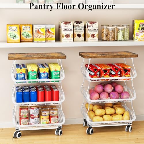 SAYZH 4-Tier Fruit and Vegetable Basket Stand for Kitchen, Wood Top, White - Image 6