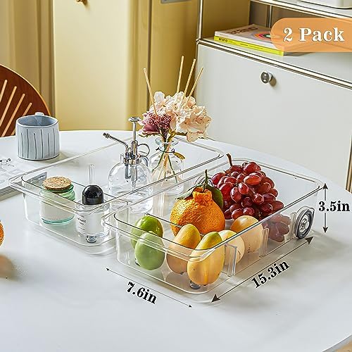 MANO 2 Pack Divided Rolling Refrigerator Tray Clear Roll Out Fridge Caddy Organizer with Wheels for Veggie Pantry Snackle Box Under Sink Bathroom Organizer and Storage Bins - Image 4