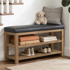 Zihanhome Shoe Rack Bench with Leather Cushion, 2 Tier Solid Wood Storage Bench, Mid-Century Modern Shoe Bench for Entryway, Hallway, Closet, Front Door Entrance, Foyer (Black, 46.5) - Image 4