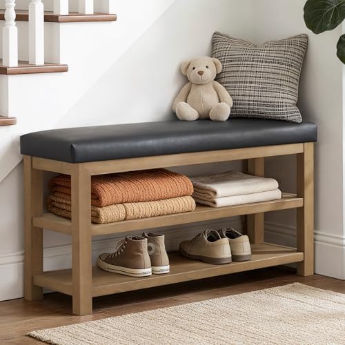 Zihanhome Shoe Rack Bench with Leather Cushion, 2 Tier Solid Wood Storage Bench, Mid-Century Modern Shoe Bench for Entryway, Hallway, Closet, Front Door Entrance, Foyer (Black, 46.5) - Image 4