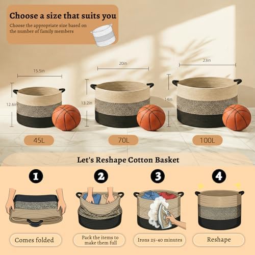 Artfeel 70L Large Cotton Rope Basket, Decorative Woven Blanket Storage for Living Room, Boho Toy Storage & Toy Box for Kids, Versatile Laundry Basket & Nursery Hamper for Blankets(BlackBrown) - Image 6
