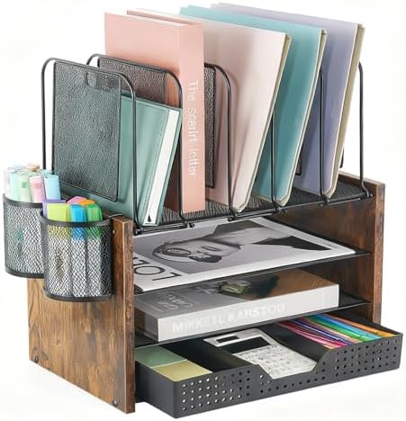 AUPSEN Desk Organizer with 5 Vertical File Holders, Storage Drawer & 2 Pen Holders, 5 Trays Paper Letter Tray Organizer, Mesh Desk Organizers and Accessories for Home Office (Vintage wood) by AUPSEN