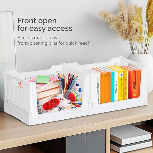 Skywin Foldable Stackable Storage Bins with Wheels, 3 Pack - Ivory - Image 5