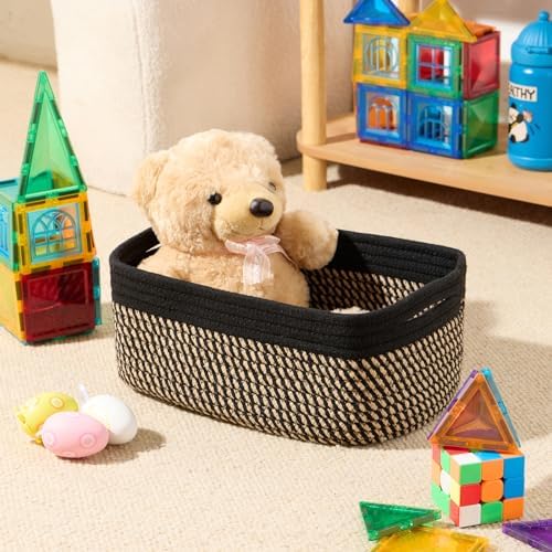 MiniArk Small Storage Baskets for Organizing | Closet Organizer Bins | Shelf Toy Basket | Woven Rope Baskets | Cube Decorative Box | Shallow Basket | 13x8.5x5.1” | 3 Packs Black Brown - Image 4