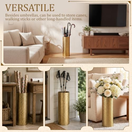 Lounsweer Metal Hammered Umbrella Stand, Gold Cylindrical Umbrella Holder for Entryway, Free Standing Canes Walking Sticks Organizer, Round Waterproof Drip Container for Home Office, 15.8 x 5.9 in - Image 6
