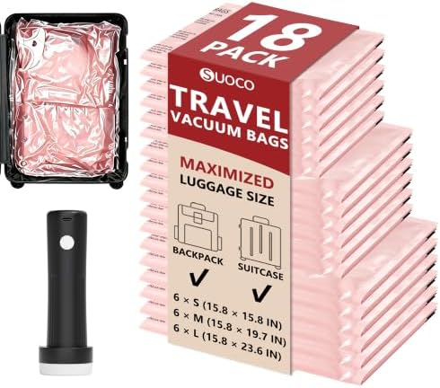 Travel Vacuum Bags for Clothing with Cordless Pump 18 Combo, Pink by SUOCO