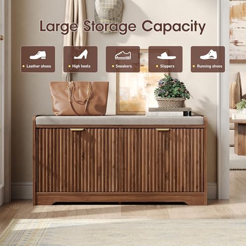 Maupvit 39.4" Fluted Shoe Bench with Storage, Narrow Entryway Bench, Walnut - Image 3