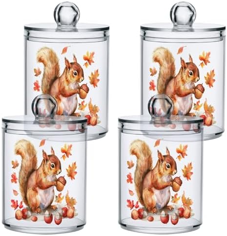 Fustylead 4 Pack Watercolor Autumn Squirrel and Acorns Plastic Apothecary Jar Set for Cotton Swab, Ball, Pad, Floss, Qtip Holder Dispensers for Bathroom Storage Organizer by Fustylead