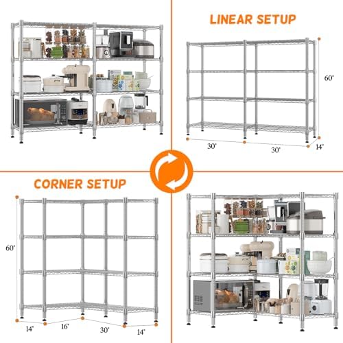 Homdox Heavy Duty Storage Shelves, 4 Tier Wire Shelving Unit, Adjustable Metal Shelves for Storage, Garage Rack Pantry Shelves Kitchen Shelving, 14"x60"x60", Silver Gray - Image 3