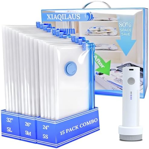 Vacuum Sealing Bags for Clothing Travel,Space Saver Vacuum Storage Bags with Wireless Air Pump (15 Combo Bags+Electric Pump) by XIAQILAUS