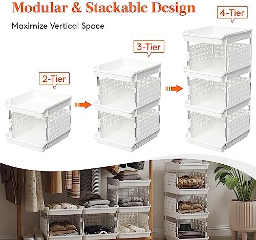 Lifewit Plastic Stackable Storage Baskets, 4 Tier Stacking Bins for Food and Clothes, Multifunctional Organizer for RV, Kitchen, Playroom, Pantry and Bathroom, 13.8"D x 11.8"W x 28.3"H, 1 Pack, White - Image 4