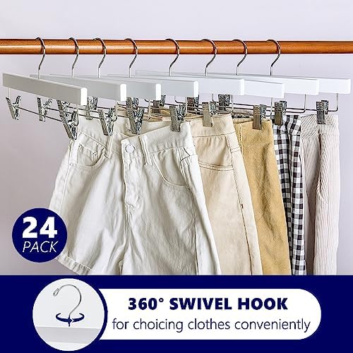 Amber Home 24 Pack White Wooden Pants Hangers with Adjustable Clips, 14" - Image 5