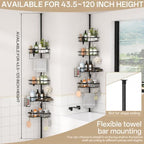 DTUQYX Corner Shower Caddy Tension Pole, 4-Tier Adjustable 43.5-120 Inch Rustproof Bathroom Organizer, L-Shaped Metal Shelf with Soap Toothbrush Holder & Upside-Down Bottle Slots for Home Apartment RV - Image 3