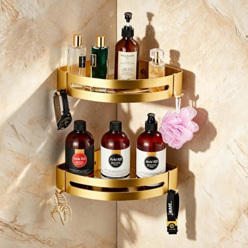 Brushed Gold Color 2 Packed Bathroom Shelves Shower Corner Caddy Organizer Shampoo Holder,Adhesive or Drilling - Image 3