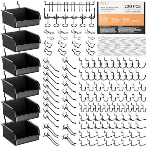 INCLY 220PCS Pegboard Accessories Organizer Kit for 1/4 Inch Pegboard by INCLY