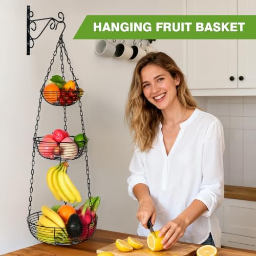 HULISEN 3-Tier Hanging Fruit Basket for Kitchen with Banana Hook - Image 2