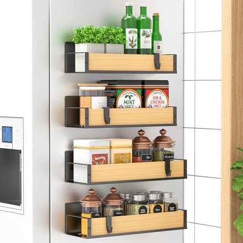HuggieGems 4 Pack Magnetic Spice Storage Rack Organizer for Refrigerator and Oven, Wood Fridge Organizers and Storage by HuggieGems