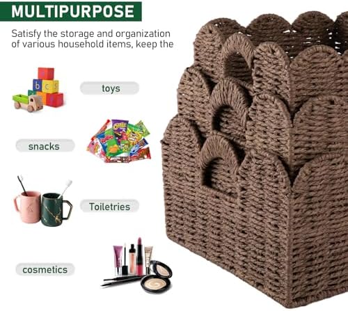 OIAHOMY Scalloped Wicker Baskets, Hand-woven Storage Baskets with Built-in Handles, Paper Rope Shelf Baskets for Organizing and Decoration, Set of 3-Brown - Image 4