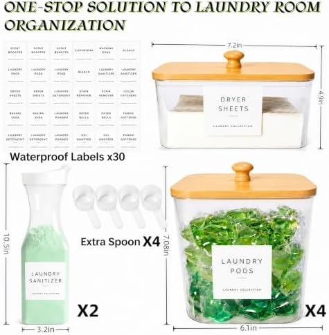 5+2 Pack Laundry Pods Containers & Dryer Sheet Holder & Laundry Detergent Dispenser, Laundry Room Organization and Storage Jars with Lids, Labels and Scoops for Scent Booster, Powder, Pods - Image 2