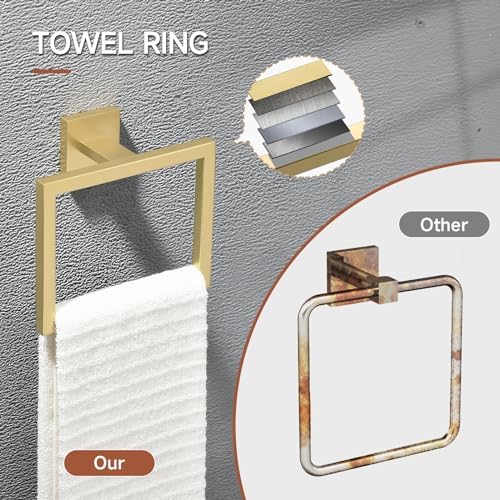 TQKAG Brushed Gold Bathroom Hardware Accessories Set 10 Pieces, 23.6" SUS304 Stainless Steel Towel Bar Set Wall Mounted Includes Single Towel Bar, Towel Ring, Toilet Paper Holder, Double Towel Hooks - Image 3
