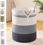 72L Large Tall Cotton Rope Laundry Basket with Handle, Grey Striped by SunNewt