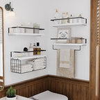 White Wood Floating Shelves Wall Mounted - 4+1 Tier Rustic Bathroom Wall Shelves Over Toilet with Wire Storage Basket and Towel Bar, set of 4 Farmhouse Floating Shelf for Bathroom, Kitchen, Bedroom. - Image 3
