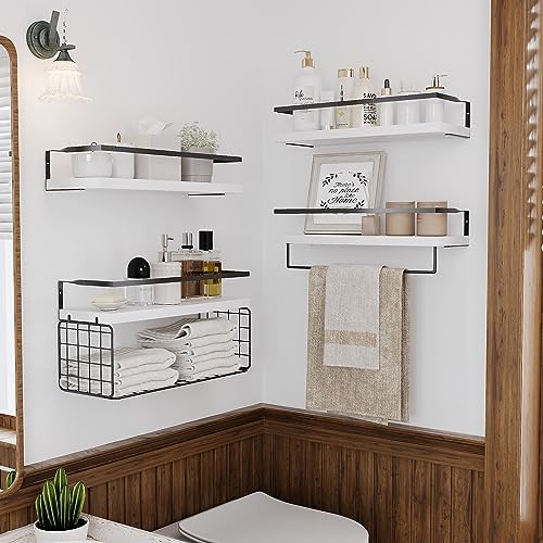 White Wood Floating Shelves Wall Mounted - 4+1 Tier Rustic Bathroom Wall Shelves Over Toilet with Wire Storage Basket and Towel Bar, set of 4 Farmhouse Floating Shelf for Bathroom, Kitchen, Bedroom. - Image 3