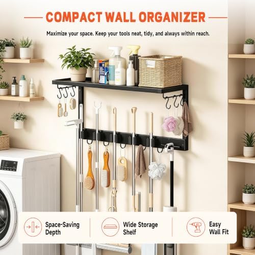 Broom Holder Wall Mount Heavy Duty, 26.8" Garage Tool Organizer with Shelf and Hooks, Metal Broom and Mop Organizer Wall Hanging for Laundry Room, Kitchen, Black - Image 4