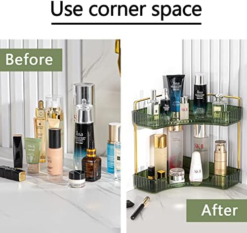shuang qing 2-Tier Corner Bathroom Counter Organizer – Storage Shelf for Makeup, Perfume & Skincare, Space-Saving Countertop Tray Fits Bathroom, Dresser, Kitchen (Green) - Image 5