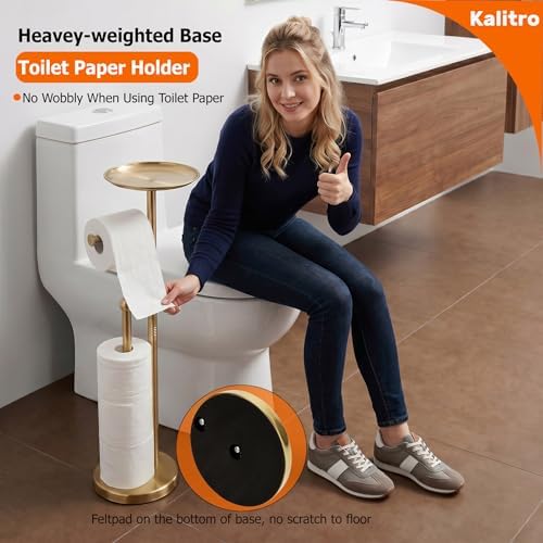 Kalitro Toilet Paper Holder Freestanding with Big Shelf, 4 Rolls Reserve Paper Holder Stand, Modern Paper Roll Holder with Storage Space for Phones (Gold) - Image 5