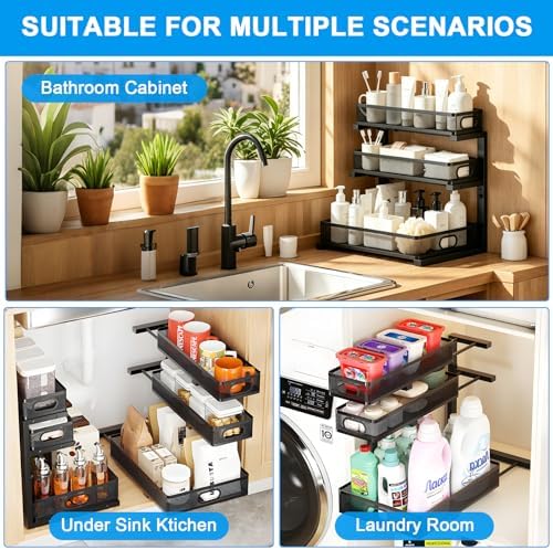 Under Sink Organizer,3-Tier Thickened Metal Pull out Cabinet OrganizerShelf - Image 6