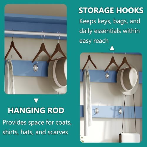 Shoe Cabinet for Entryway with 3 Flip Drawers, Blue Tall Shoe Storage Cabinet with Coat Rack, Wood Narrow Slim Hidden Freestanding Shoe Rack Organizer, 2 in 1 Hall Tree for Living Room, Hallway - Image 4