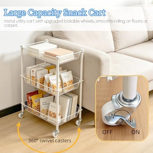 Kitchen Storage Cart for Fruit Vegetable 3 Tier Utility Cart with Wheels, White Rolling Pantry Floor Organizer Onion Potato Storage, Metal Wire Basket Stand Snack Shelf Home Organization - Image 5