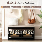 Rattan Narrow Entryway Bench with Shoe Storage, 2 Flip Drawers & Coat Rack, Mid-Century Modern Wood Shoe Cabinet with Seat Cushion for Foyer/Hallway (Black) - Image 5
