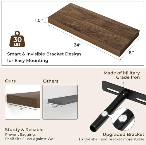 RICHFOCUS 24Inch Floating Shelves for Wall 2Pack, Walnut, 8" Deep - Image 3