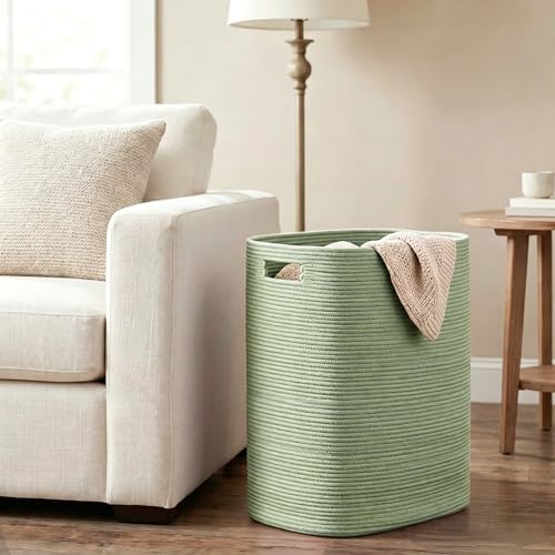 MEGASKET Large Laundry Hamper 16"x13"x22" - Tall Woven Baby Laundry Basket, Decorative Cotton Rope Dirty Clothes Hamper Bin, Green Room Decor, Bedroom Bathroom Aesthetic, Soft Green Hamper, 75L - Image 3