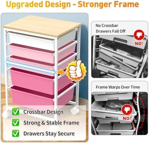 SUNALLY Rolling Carts With 5 Drawers, Storage Drawer Carts for Craft, Pink - Image 3